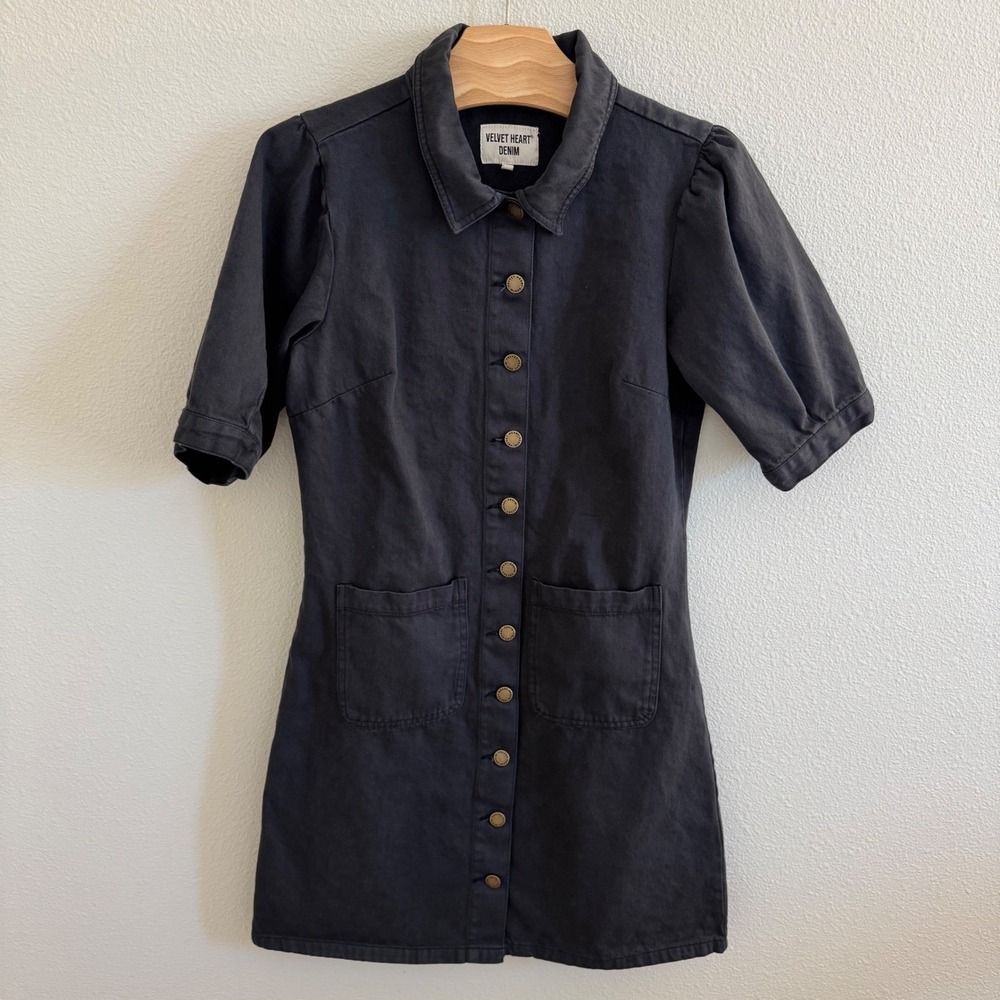 Velvet Heart Denim Dress Womens Black Button Front Mini Puff Sleeve Size M